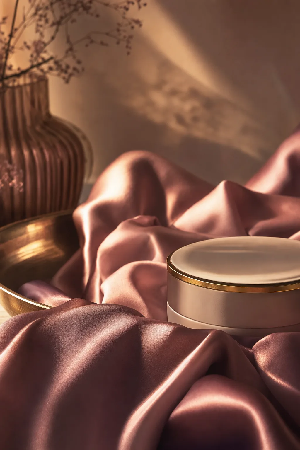 Soft rose satin and gold accents